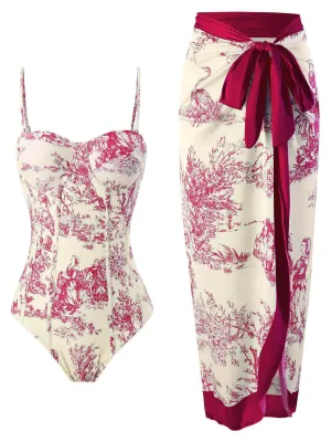 1960s Vintage Ink Floral Swimsuit & Cover-Up