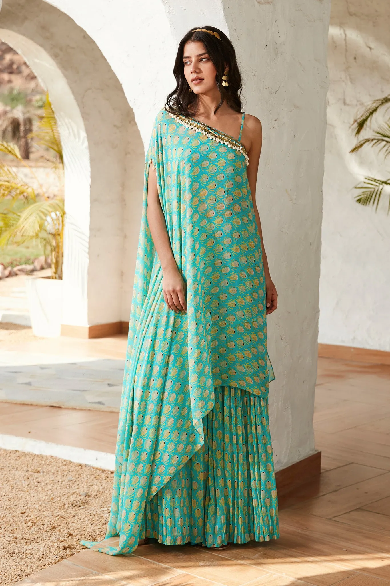 50Z892-RO Blue Sharara Set With Cover-up
