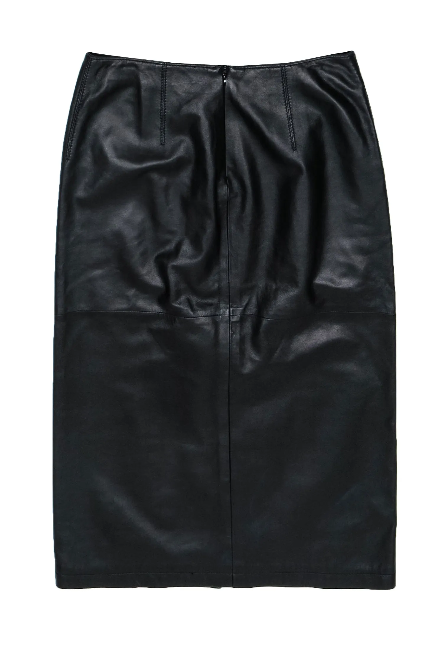 Armani Collezioni - Black Smooth Leather Midi Pencil Skirt w/ Vent Sz 10