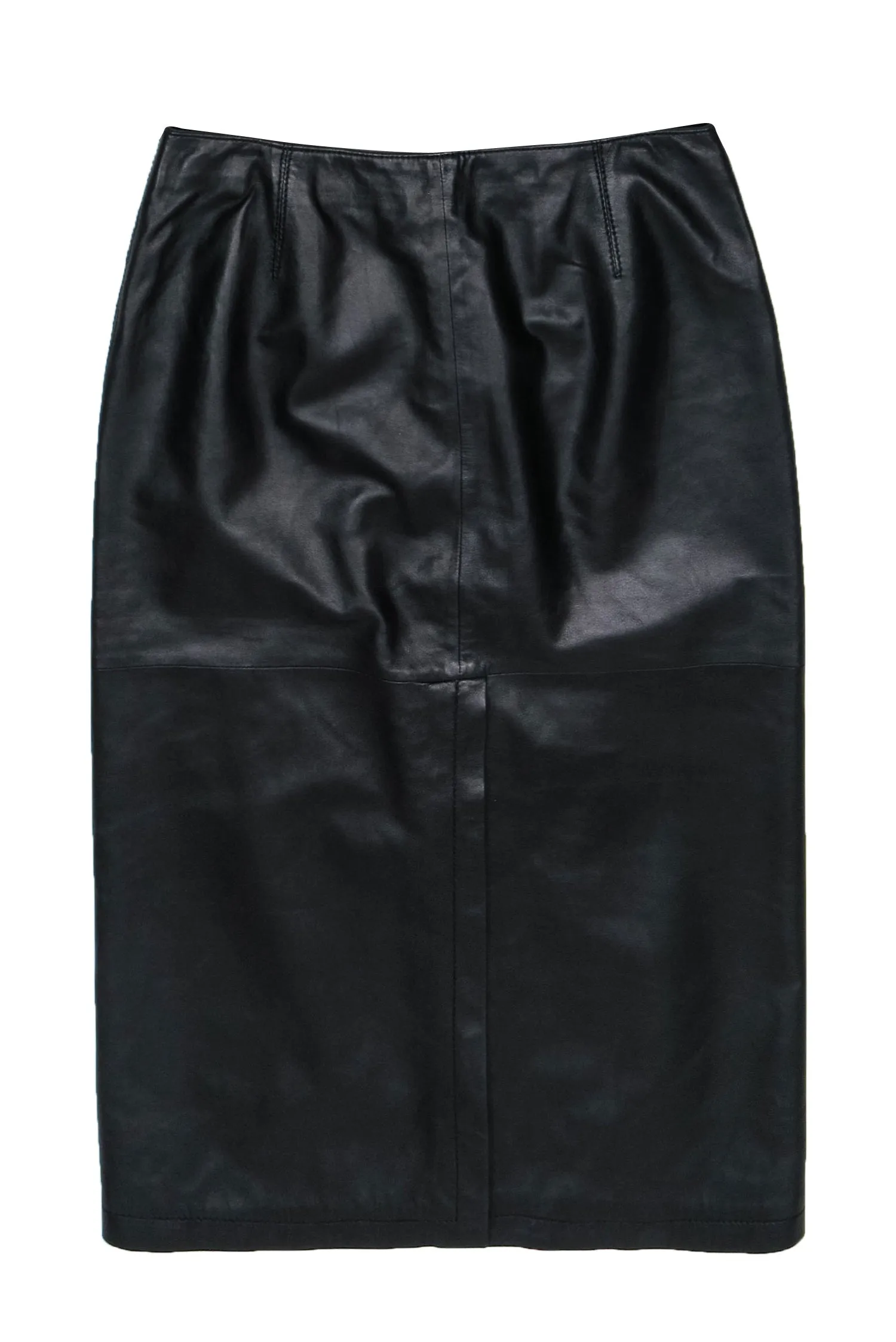 Armani Collezioni - Black Smooth Leather Midi Pencil Skirt w/ Vent Sz 10