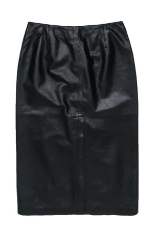 Armani Collezioni - Black Smooth Leather Midi Pencil Skirt w/ Vent Sz 10