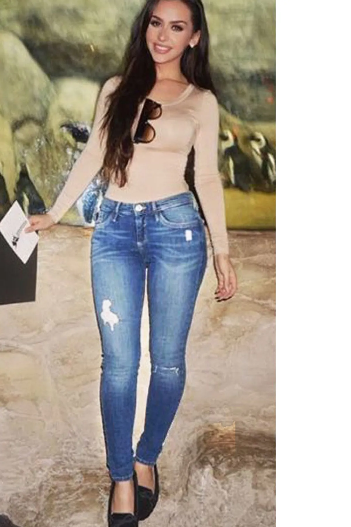 Beggar Style Cut Out Hole Long Skinny Jeans Denim Pants