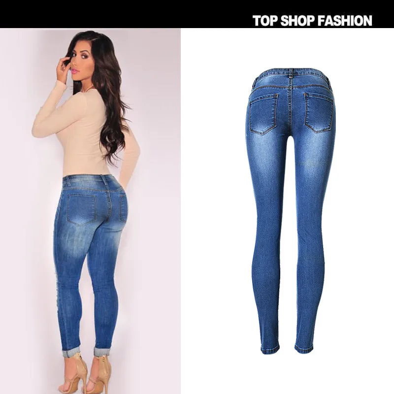 Beggar Style Cut Out Hole Long Skinny Jeans Denim Pants
