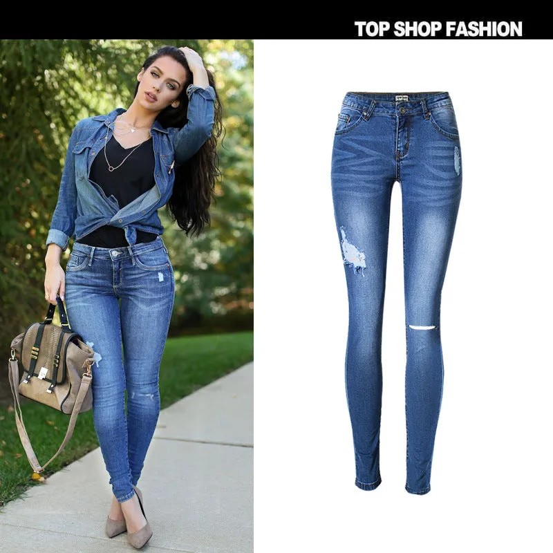 Beggar Style Cut Out Hole Long Skinny Jeans Denim Pants
