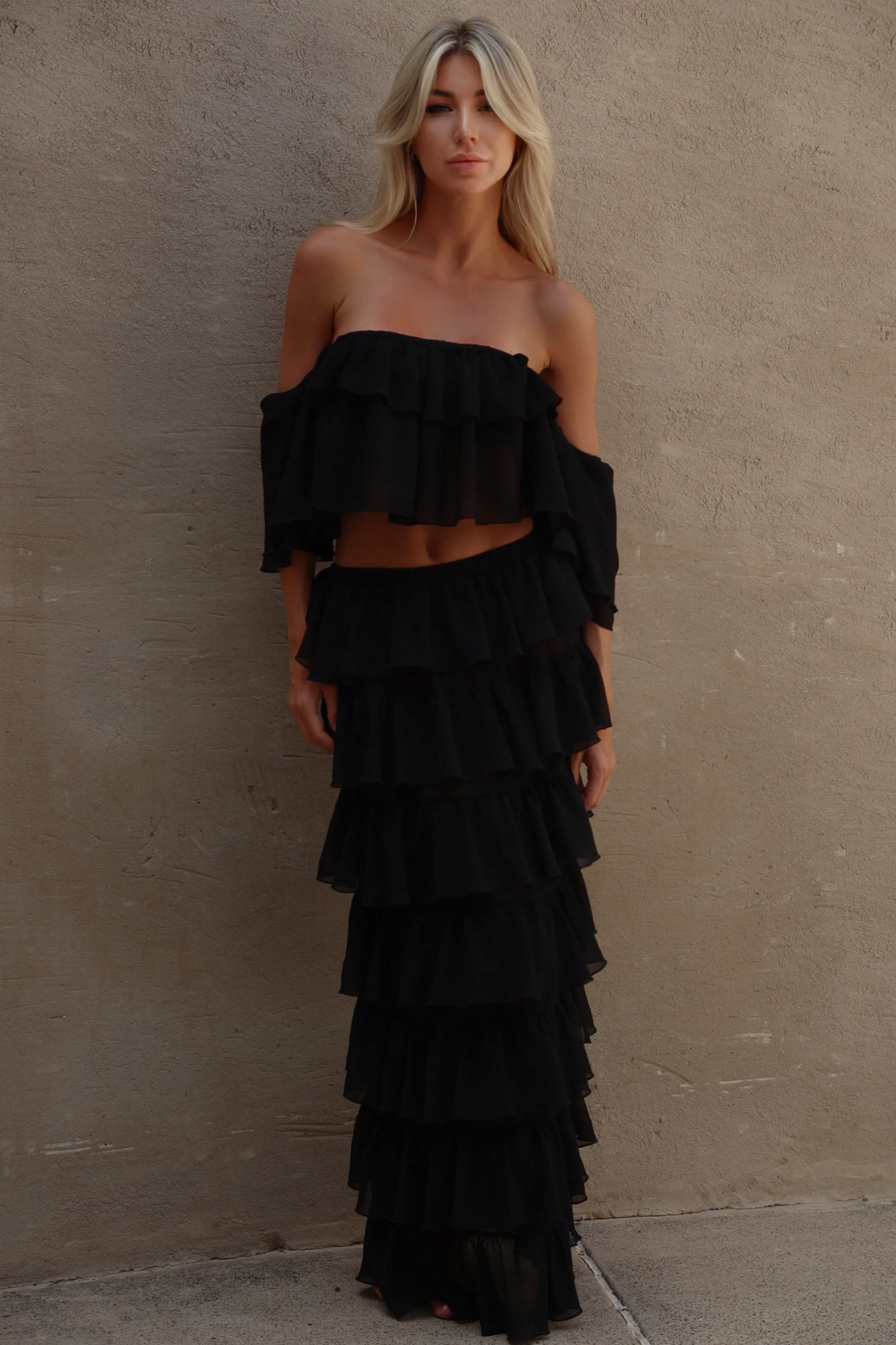 'Black' Chiffon Ruffle Off-The-Shoulder Top & Skirt Set