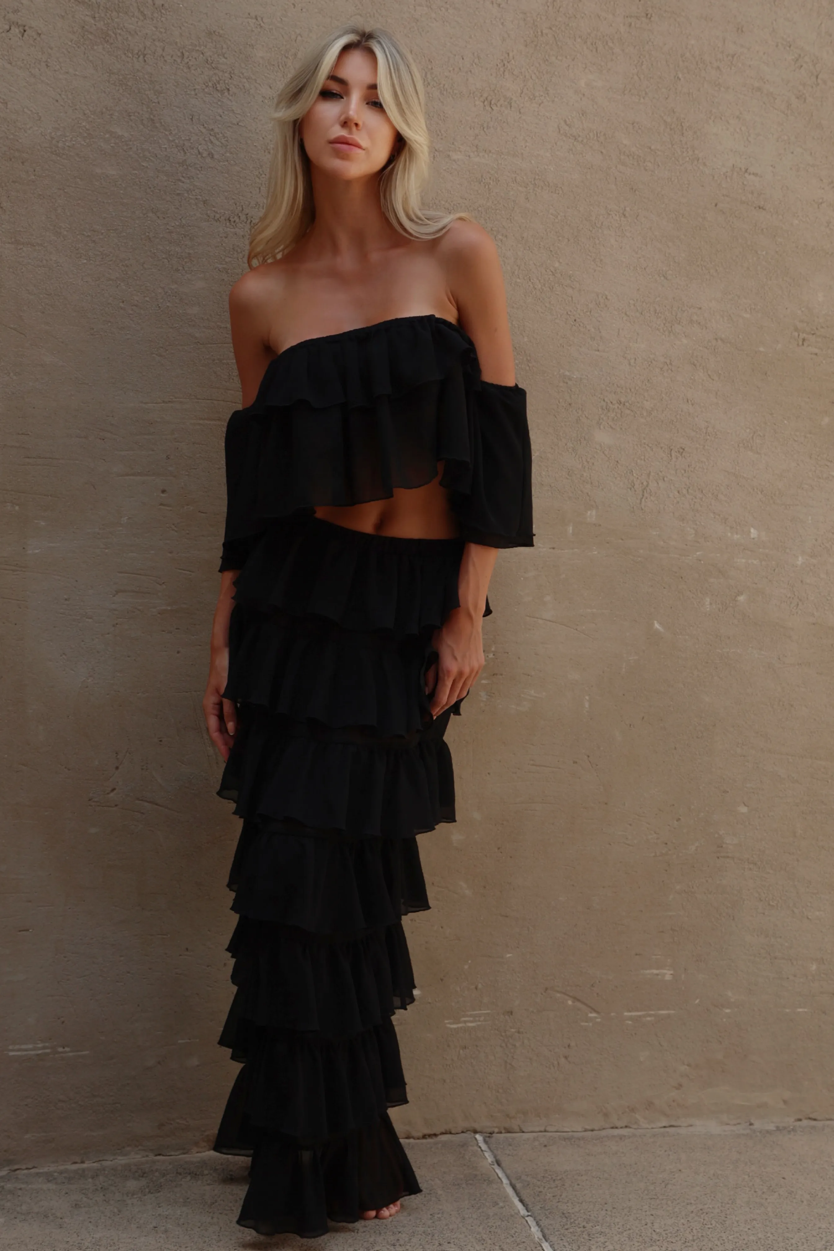 'Black' Chiffon Ruffle Off-The-Shoulder Top & Skirt Set