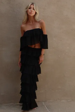 'Black' Chiffon Ruffle Off-The-Shoulder Top & Skirt Set