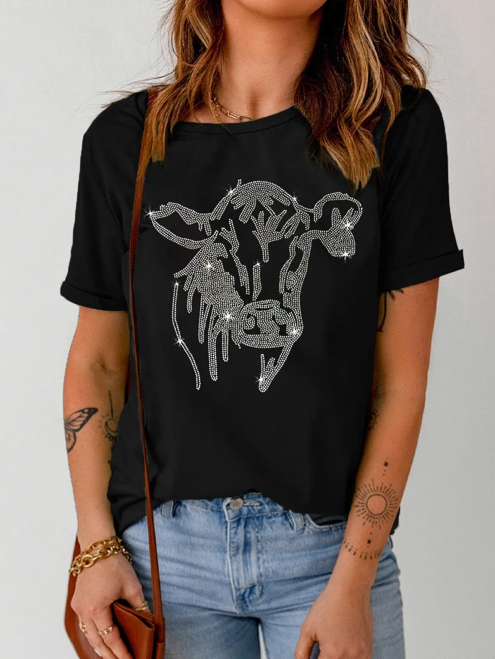 Black Cow Graphic Tee with Rhinestones