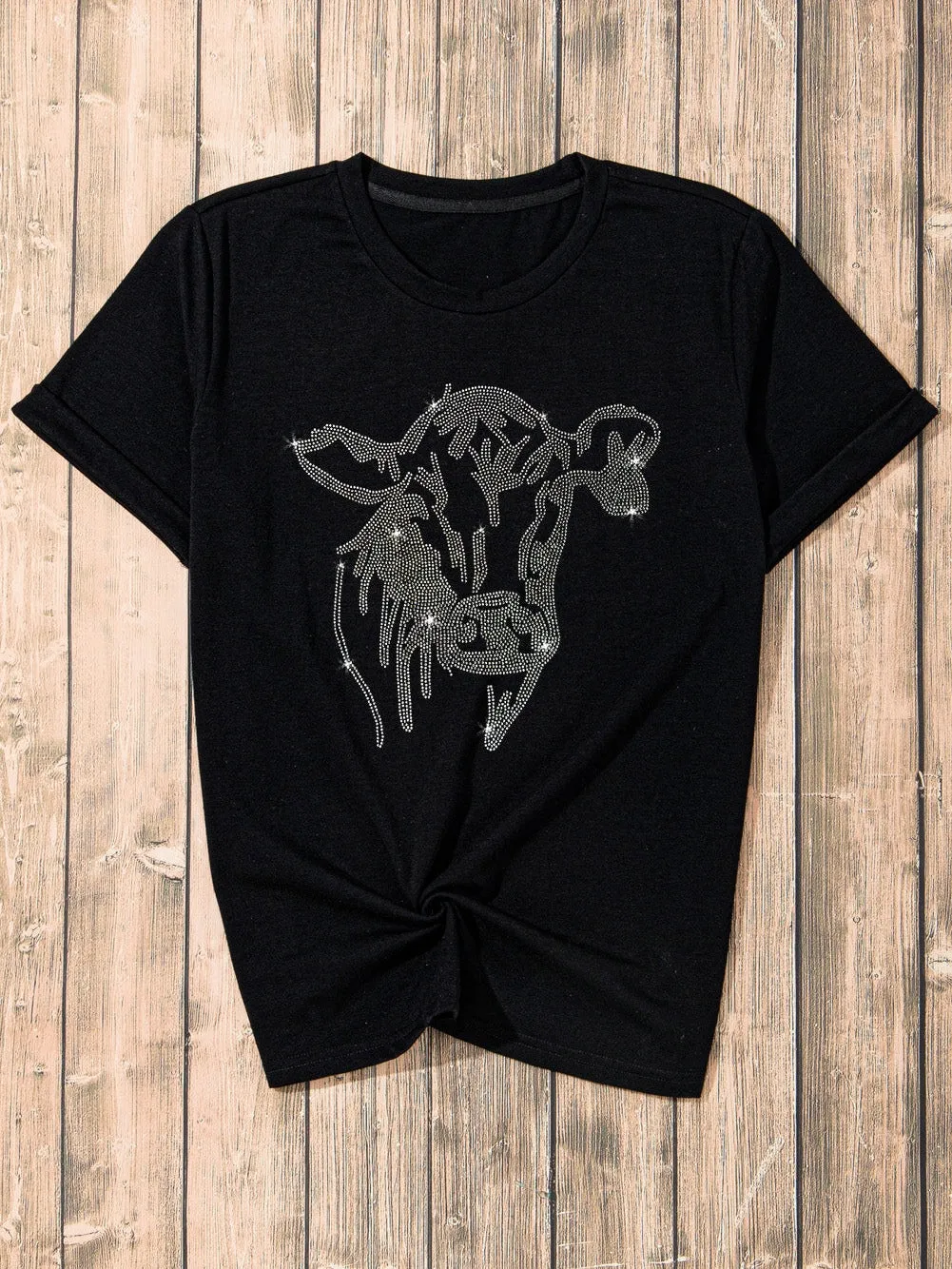 Black Cow Graphic Tee with Rhinestones