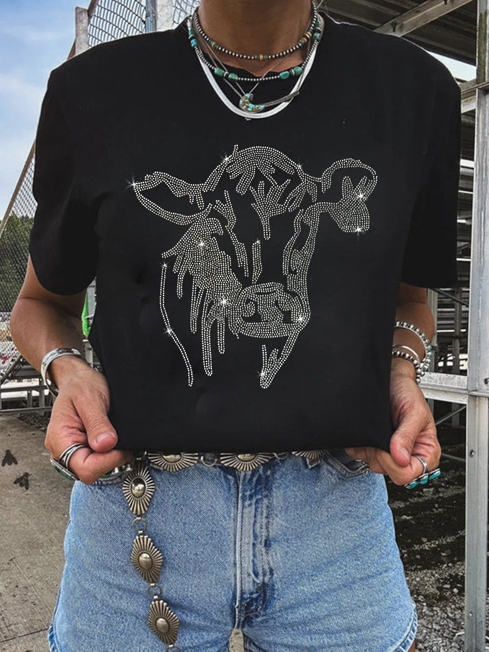 Black Cow Graphic Tee with Rhinestones