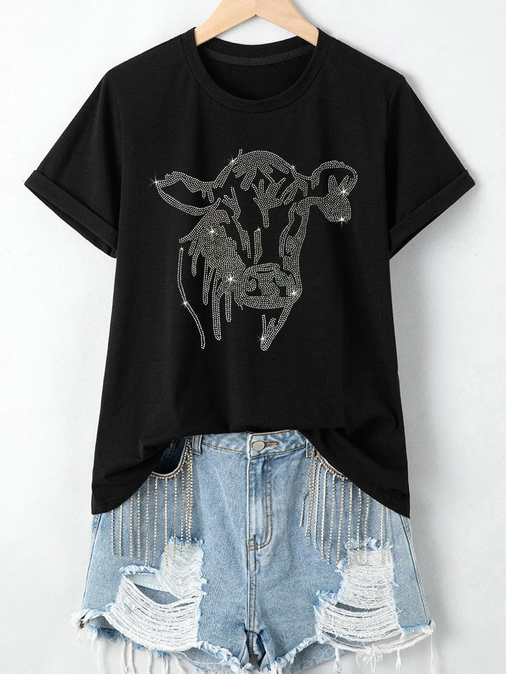Black Cow Graphic Tee with Rhinestones
