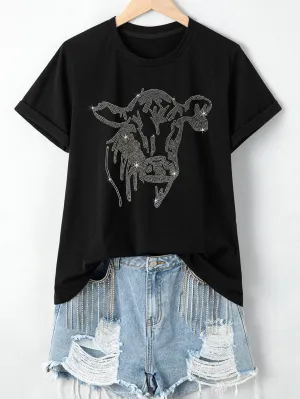 Black Cow Graphic Tee with Rhinestones