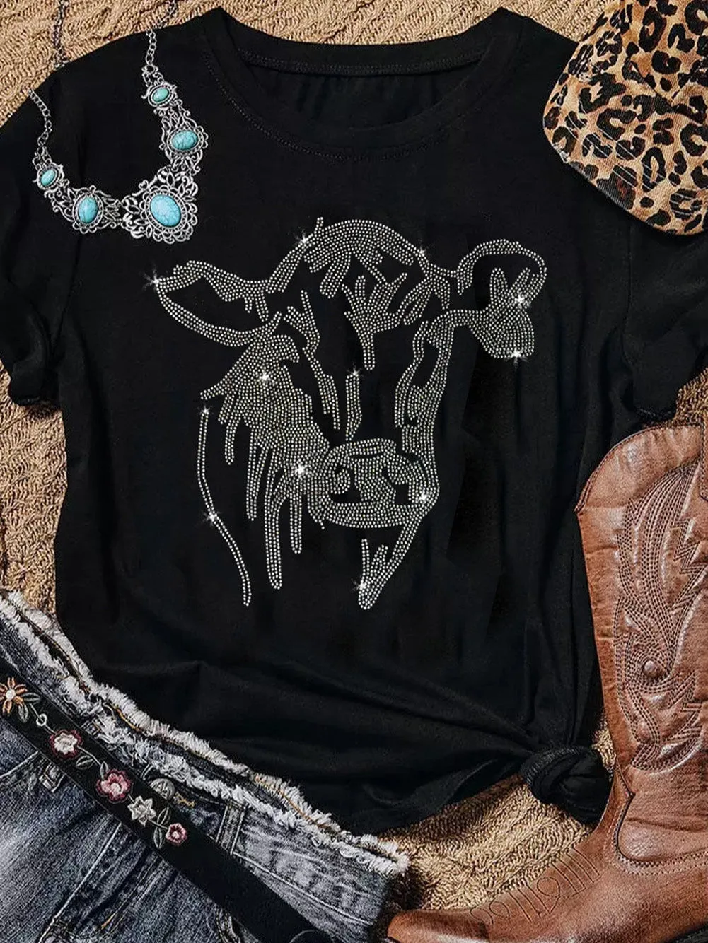 Black Cow Graphic Tee with Rhinestones