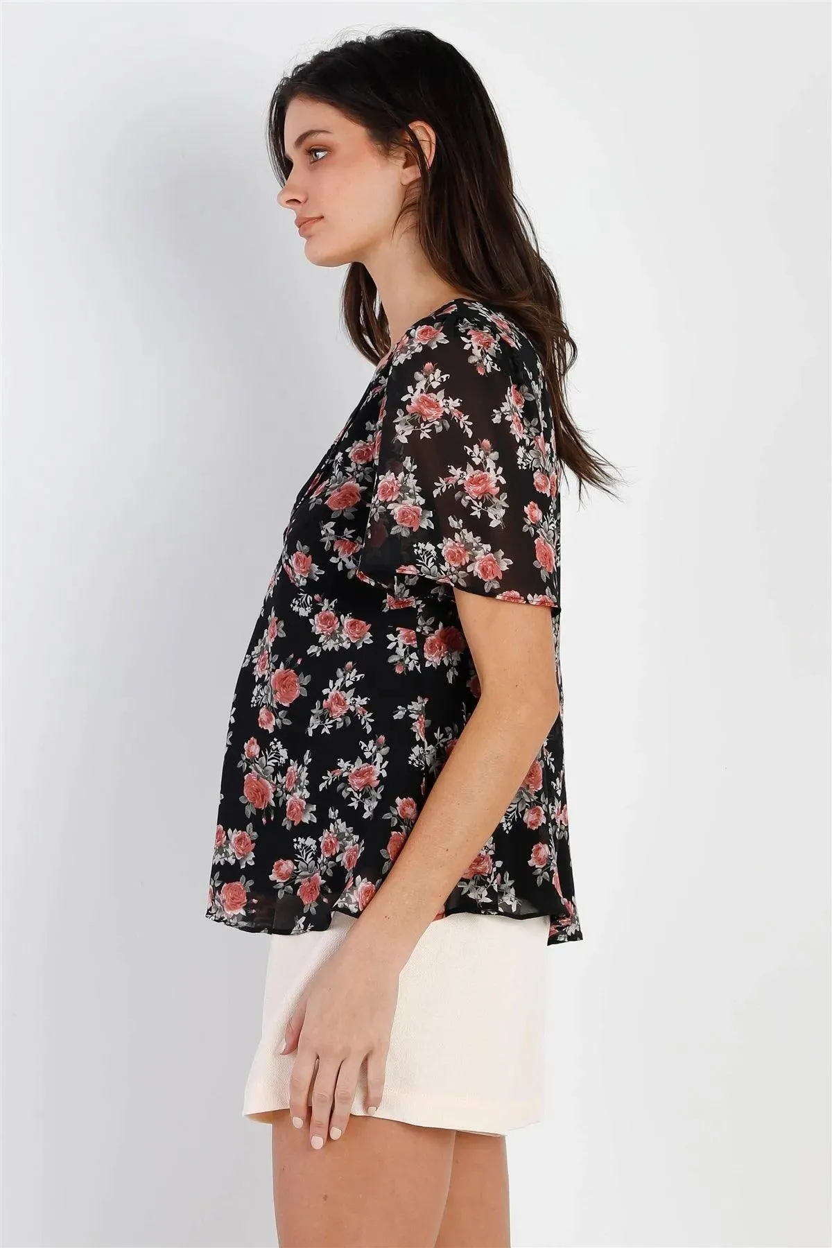 Black Floral Print Flare Hem Top /2-3-2