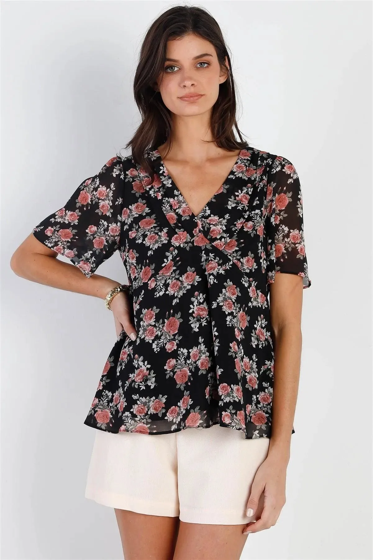 Black Floral Print Flare Hem Top /2-3-2