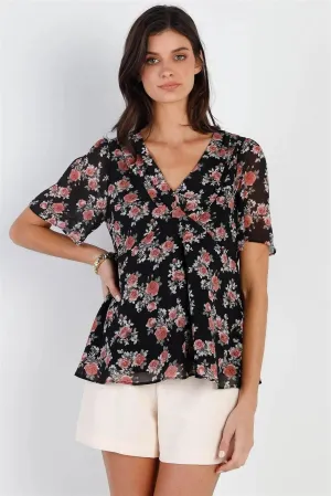 Black Floral Print Flare Hem Top /2-3-2