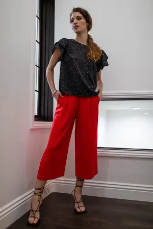 Black Multi Color Star Print Ruffle Sleeve Back Cut-Out Detail Top /1-2-2