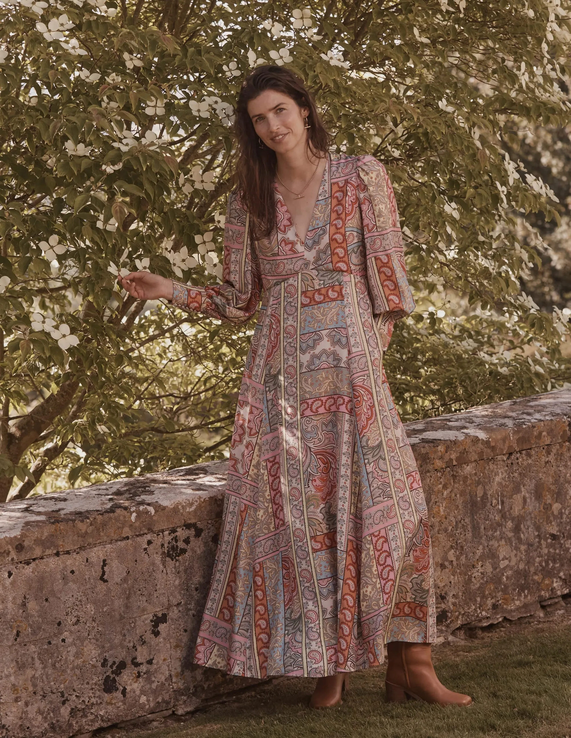 Blouson Sleeve Maxi Tea Dress-Multi, Patchwork
