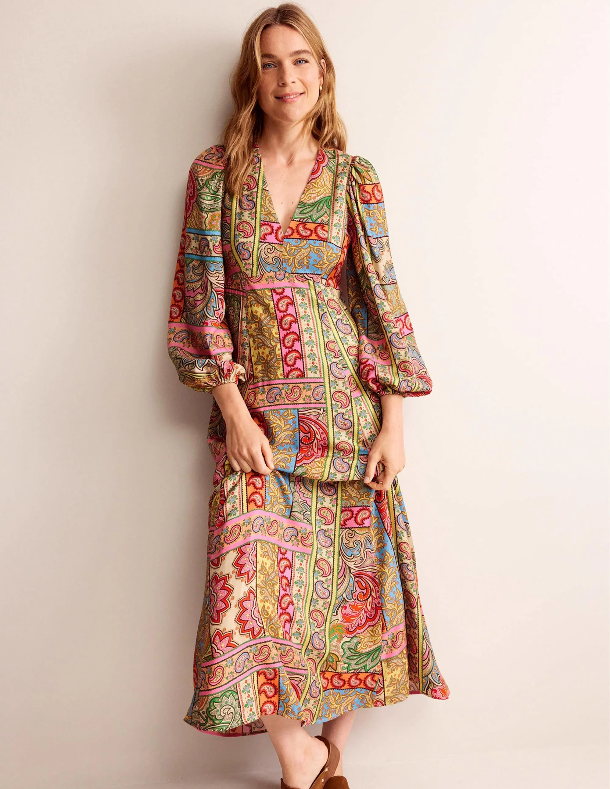 Blouson Sleeve Maxi Tea Dress-Multi, Patchwork