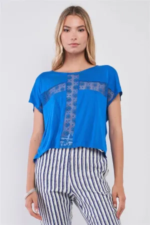 Blue Boat Neck Cut-In Floral Embroidery Top /1-2-2-1