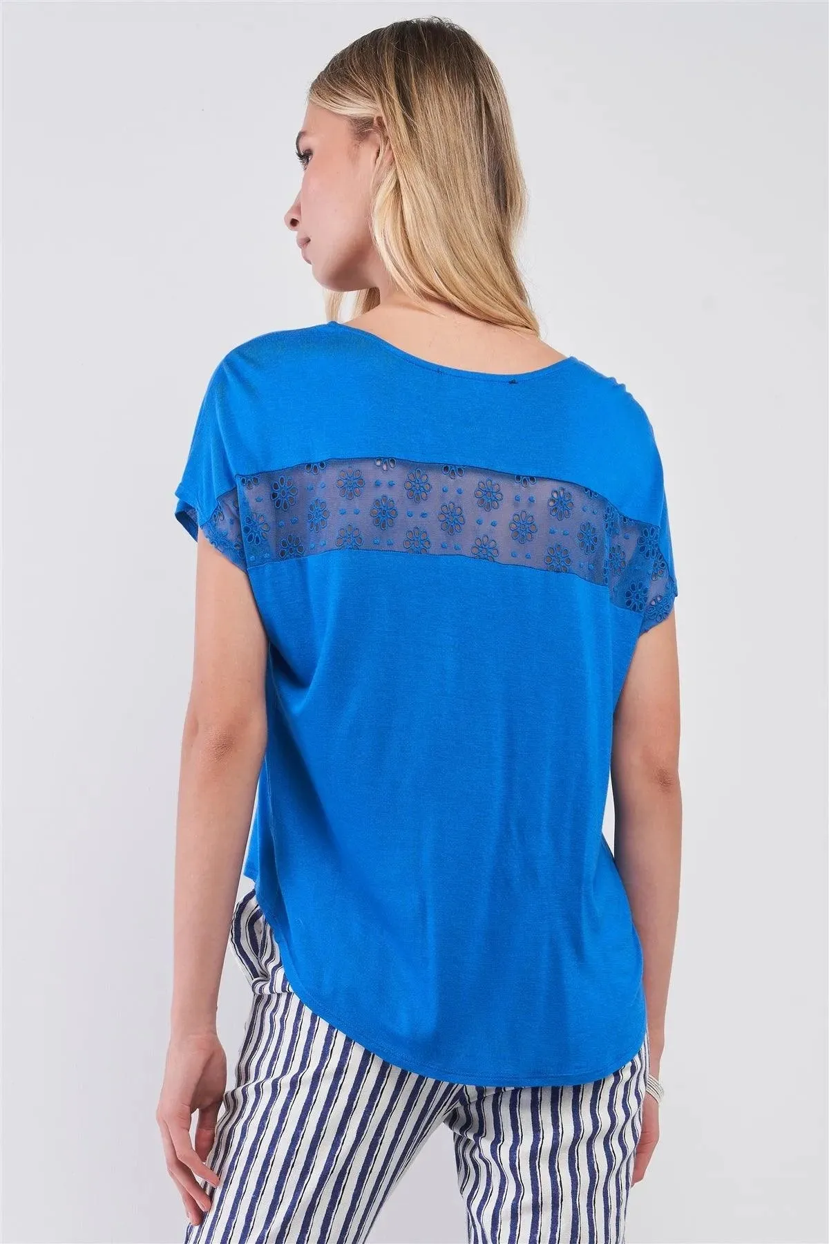 Blue Boat Neck Cut-In Floral Embroidery Top /1-2-2-1