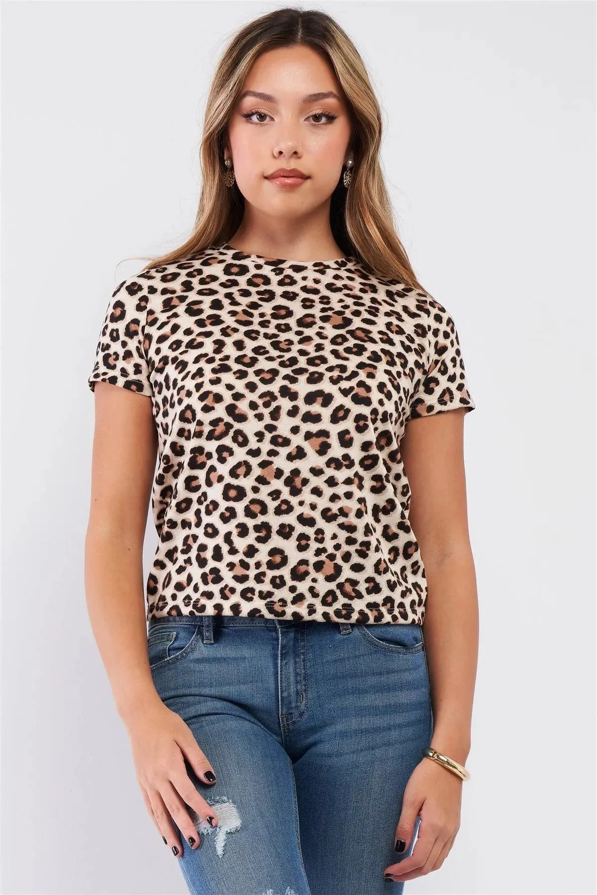 Cream Brown Leopard Print Crew Neck Short Sleeve Basic T-Shirt /2-2-1