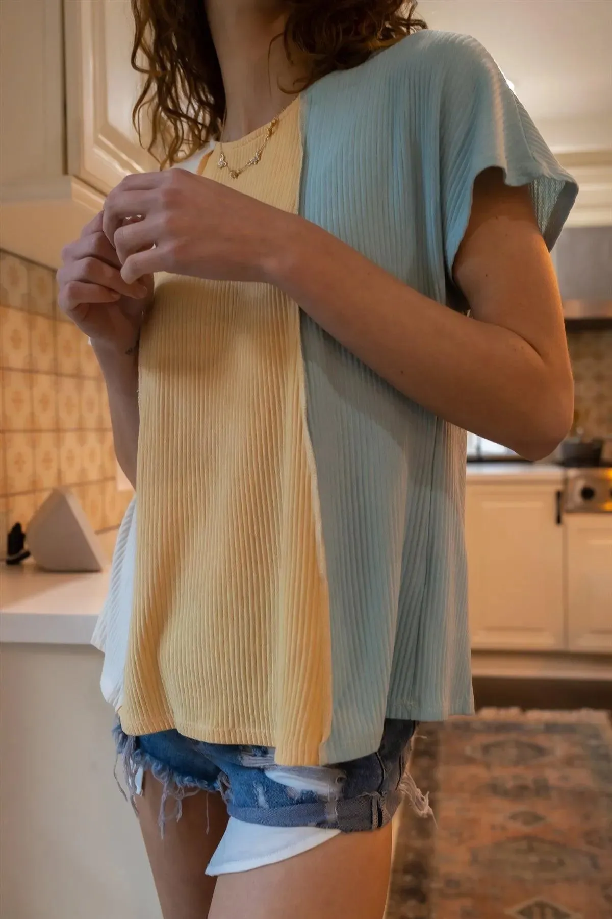 Cream Mustard & Blue Ribbed Colorblock Short Sleeve Top /2-2
