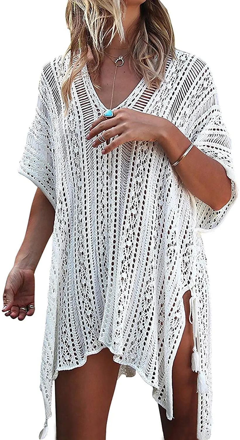 Crochet White V-Neck Swimwear Beach Cover Up