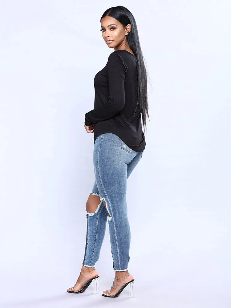 Cut Out Holes Zipper Decorate Begger Style 9/10 Jeans