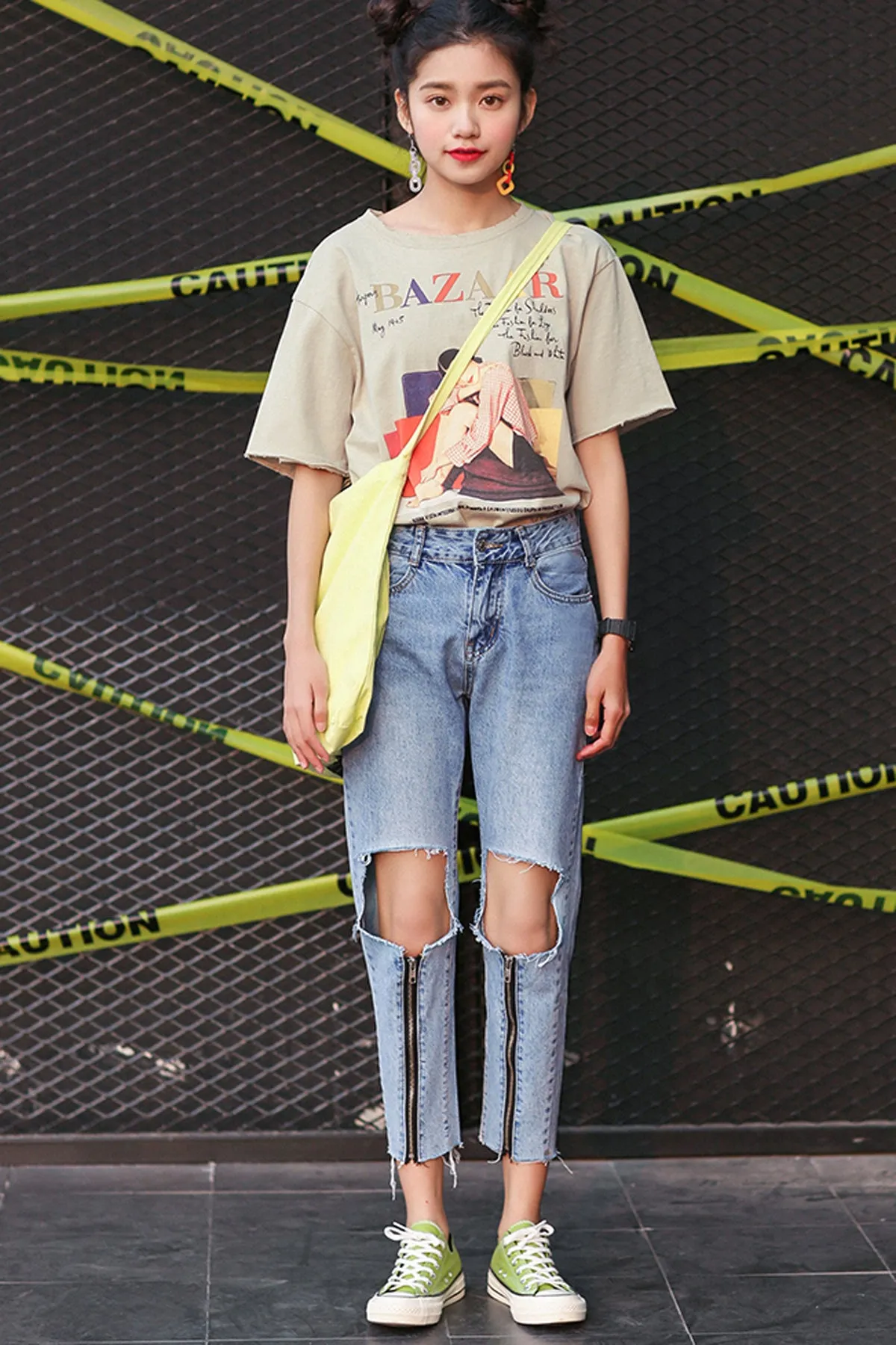 Cut Out Holes Zipper Decorate Begger Style 9/10 Jeans
