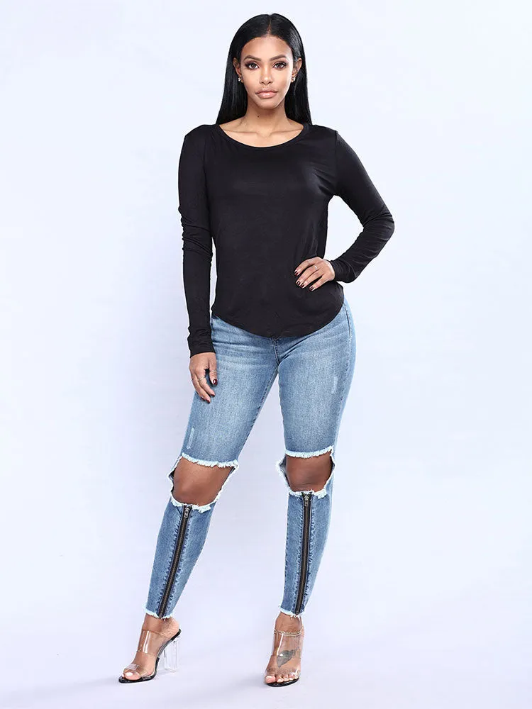 Cut Out Holes Zipper Decorate Begger Style 9/10 Jeans
