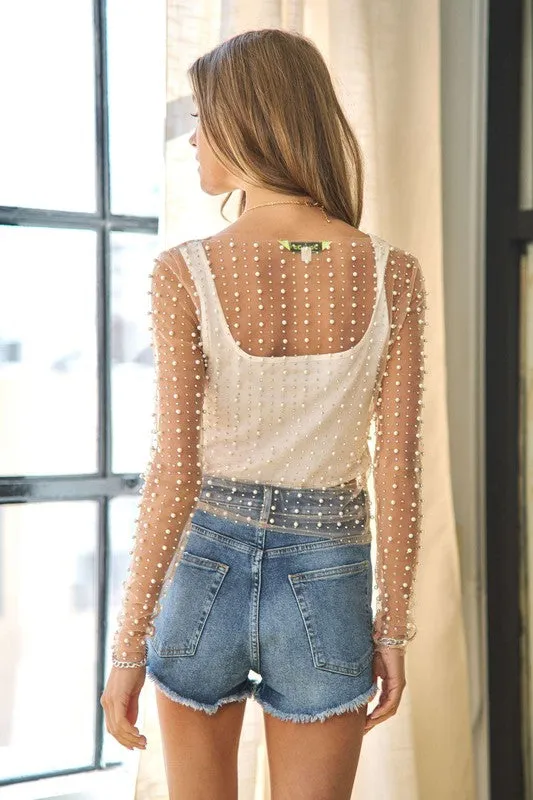 Davi & Dani Bead and Pearl Embellished Long Sleeves Mesh Top