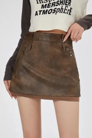 Double Layered Faux Leather Brown Mini Skirt