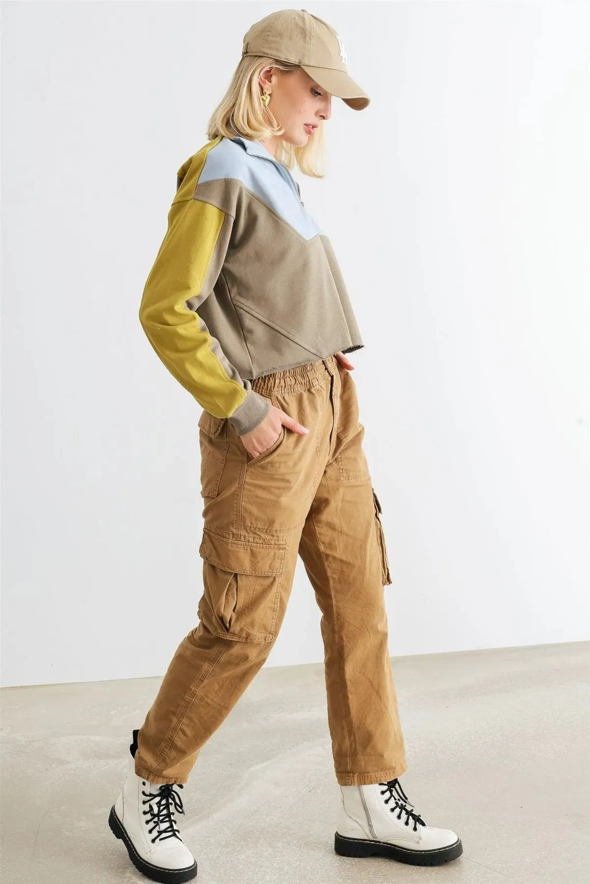 Dusty Olive & Blue Zip-Up Mock Neck Long Sleeve Crop Top /1-2-2