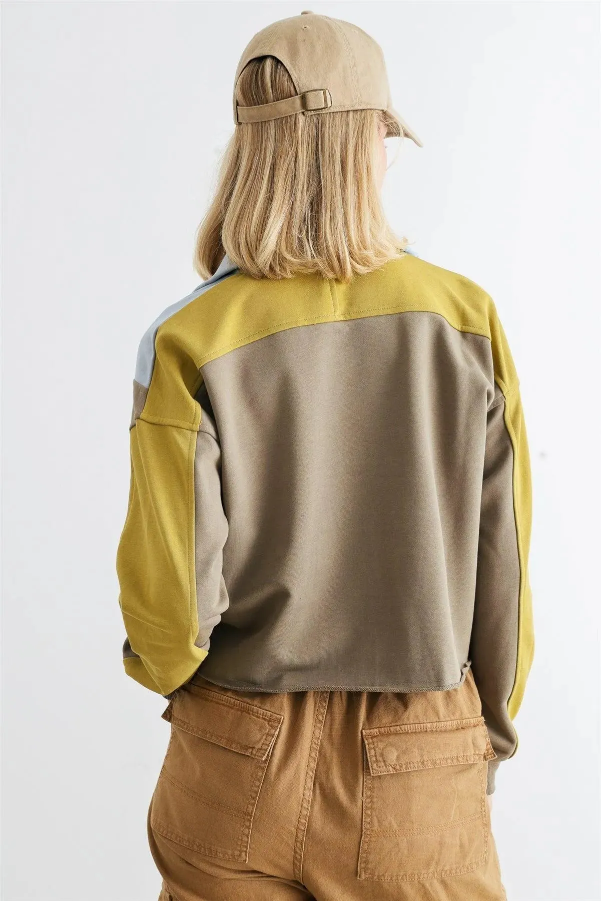 Dusty Olive & Blue Zip-Up Mock Neck Long Sleeve Crop Top /1-2-2