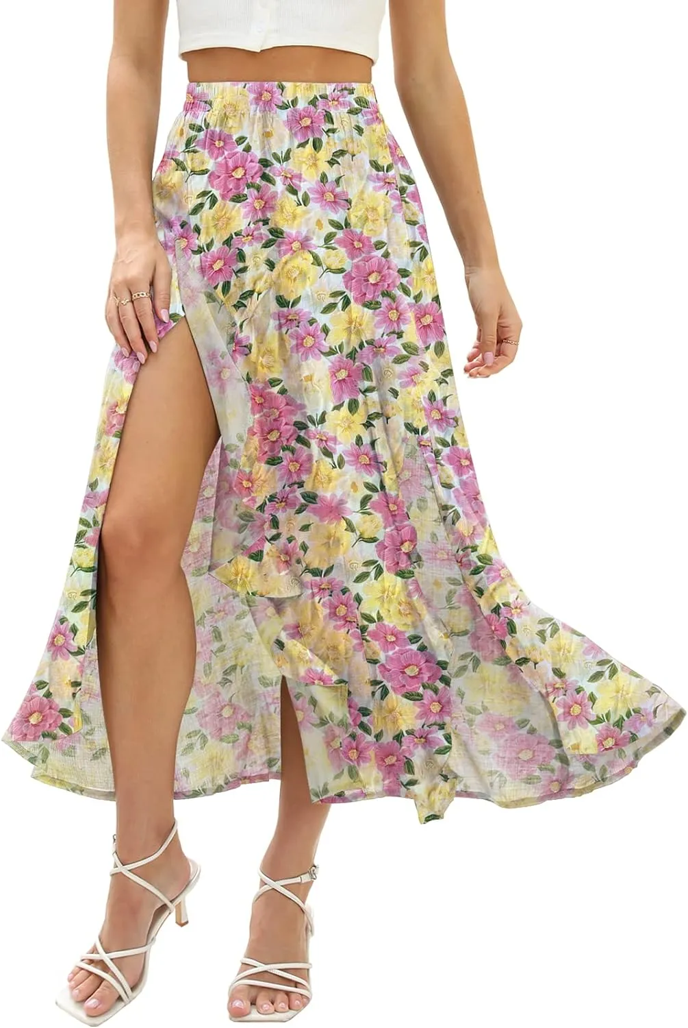 Floral Patterned Elastic High Waist Maxi Skirt