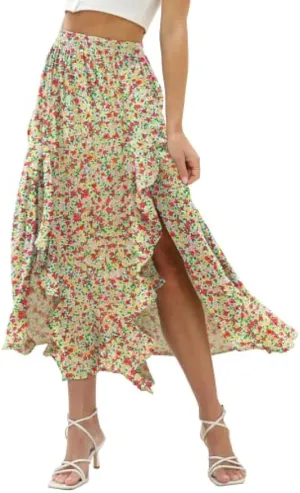 Floral Patterned Elastic High Waist Maxi Skirt