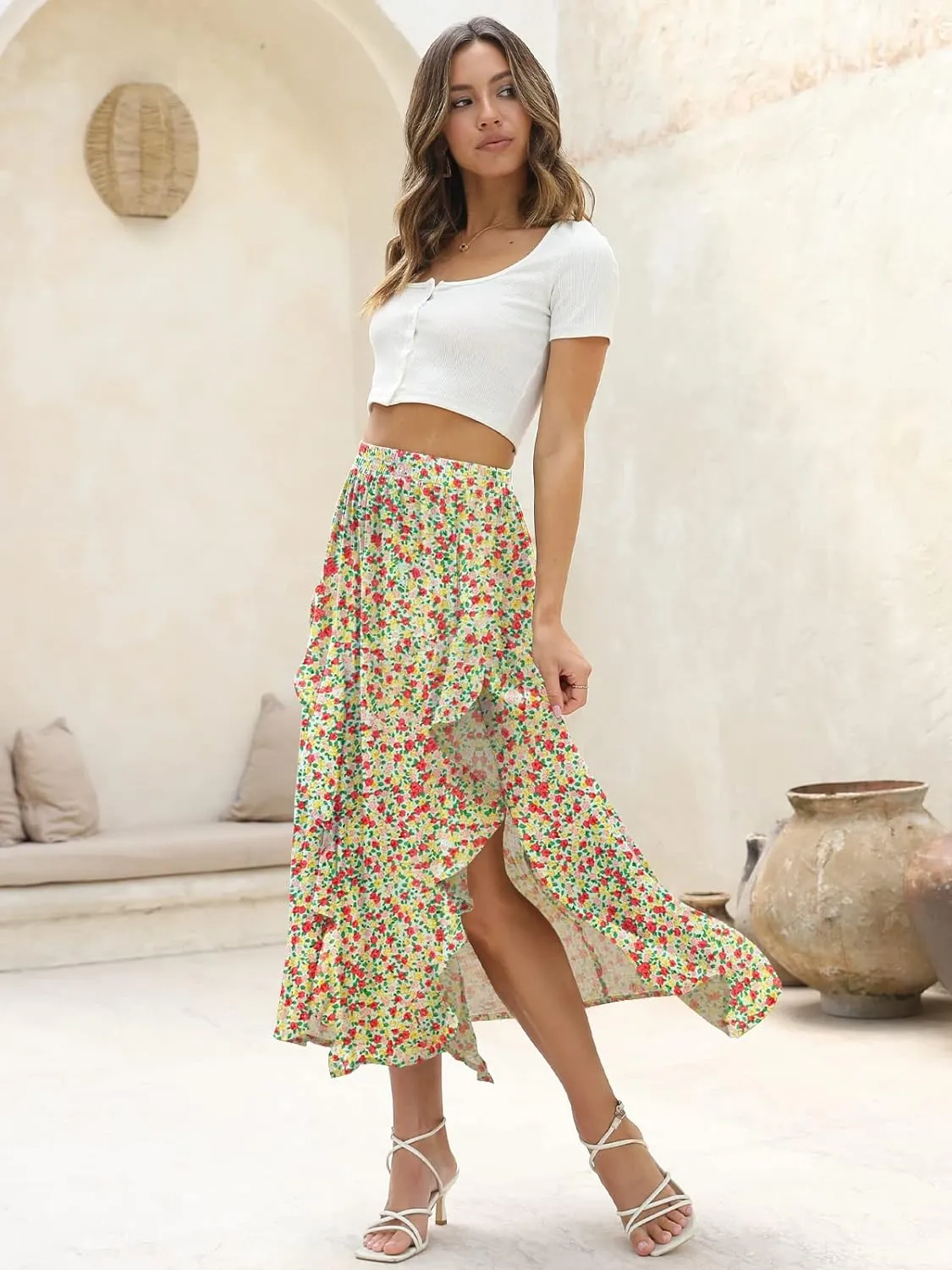 Floral Patterned Elastic High Waist Maxi Skirt