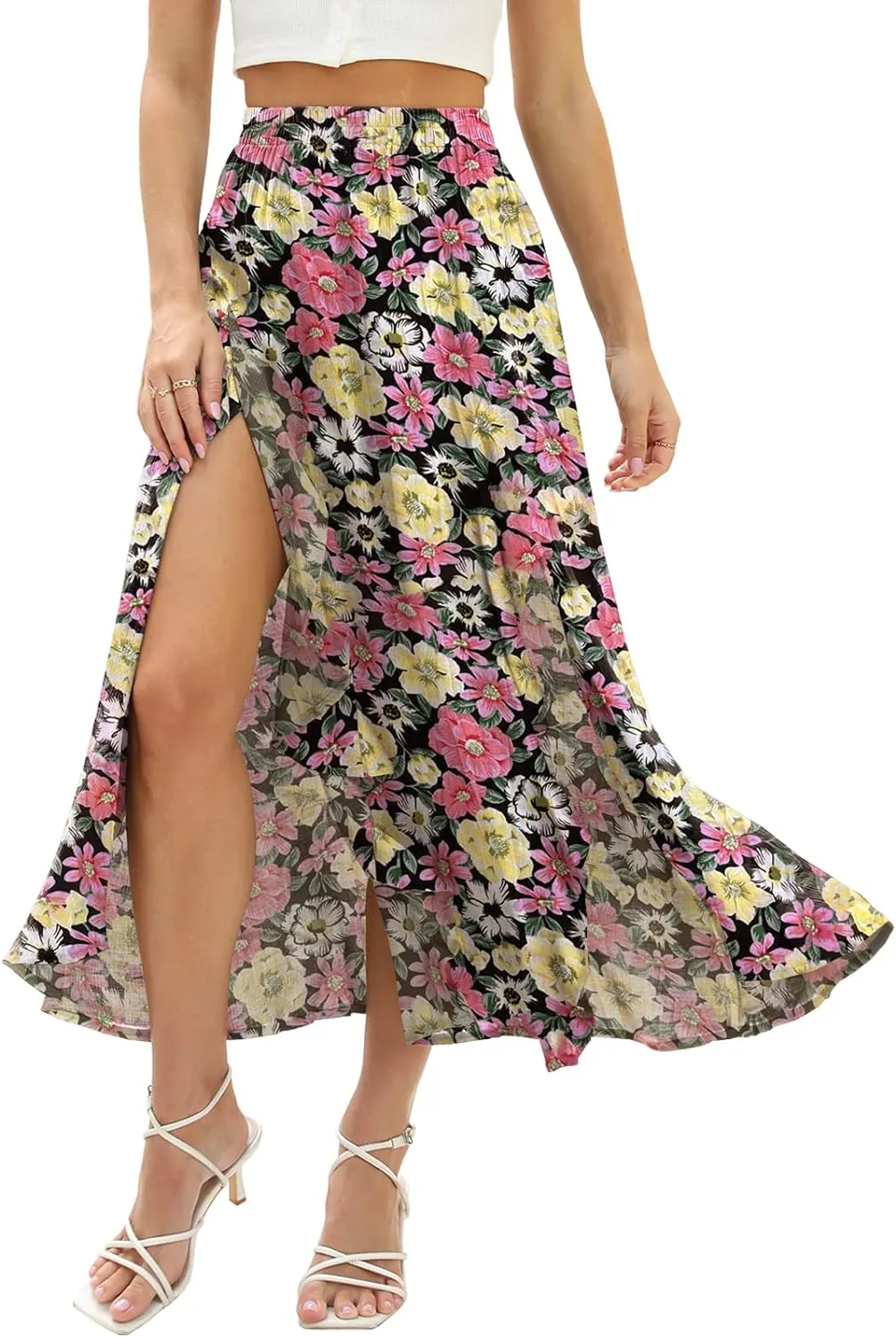 Floral Patterned Elastic High Waist Maxi Skirt