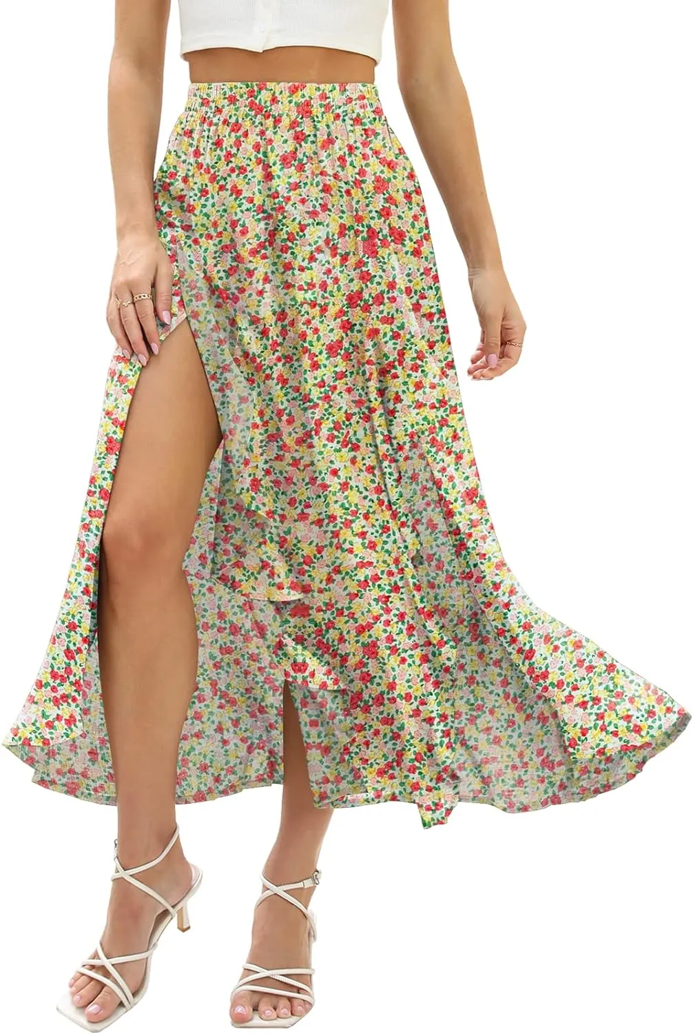 Floral Patterned Elastic High Waist Maxi Skirt
