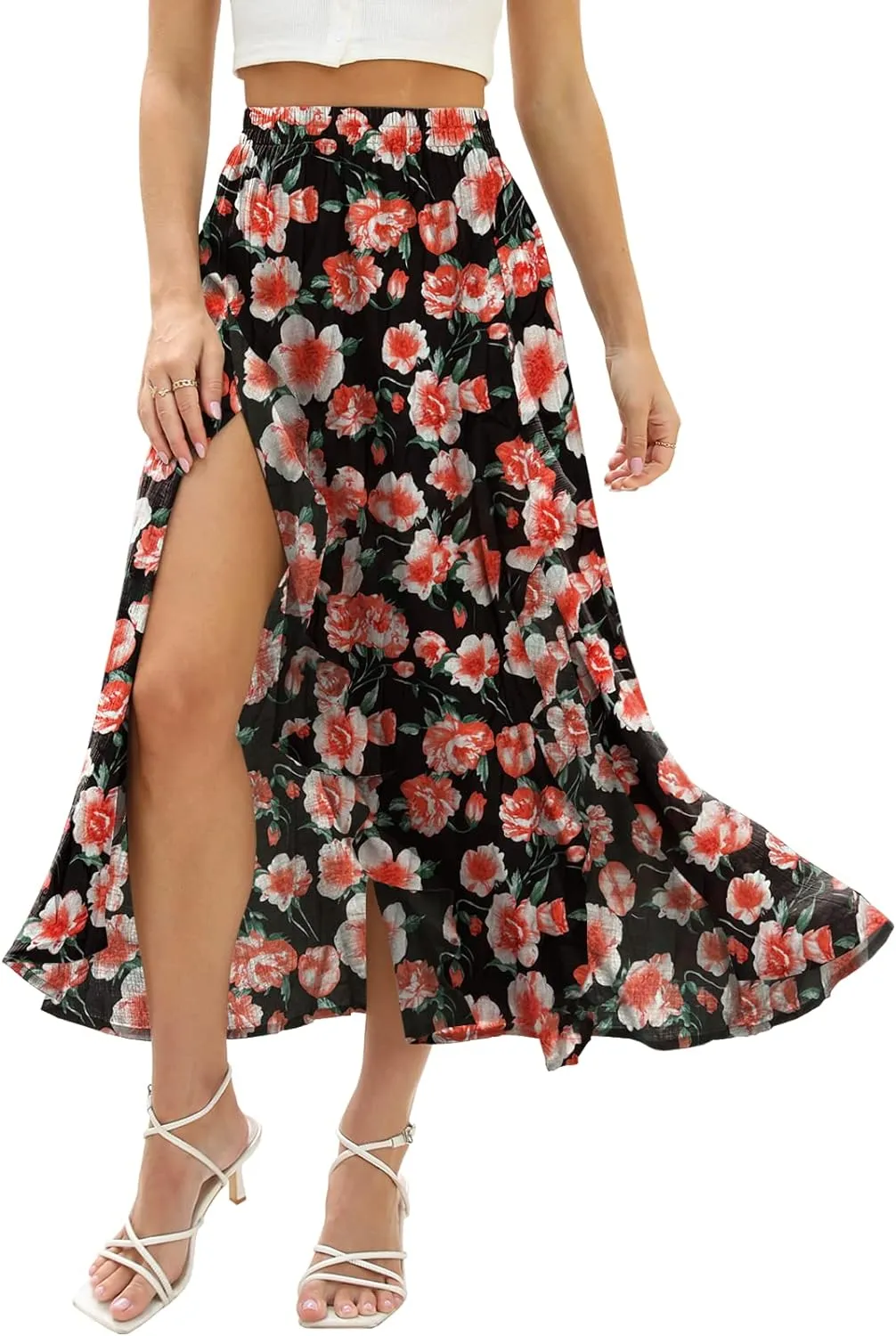 Floral Patterned Elastic High Waist Maxi Skirt