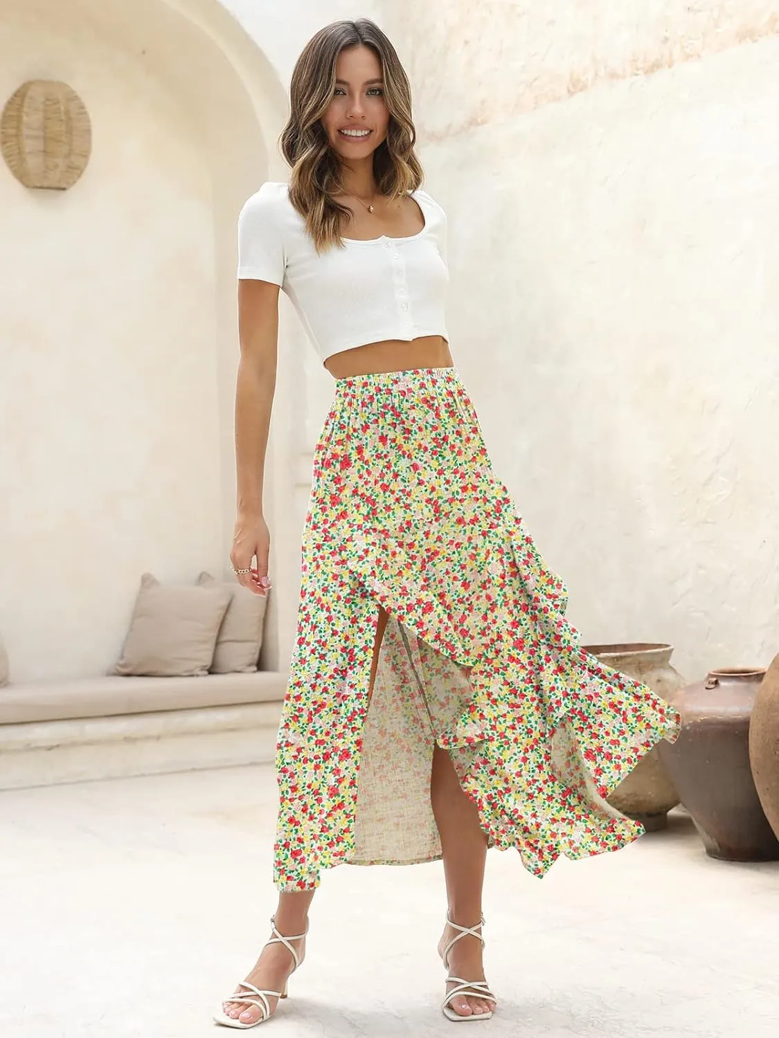 Floral Patterned Elastic High Waist Maxi Skirt