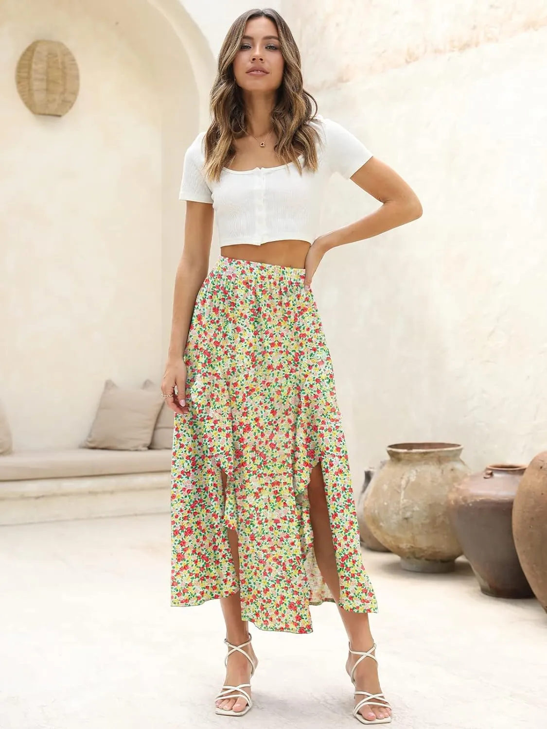 Floral Patterned Elastic High Waist Maxi Skirt