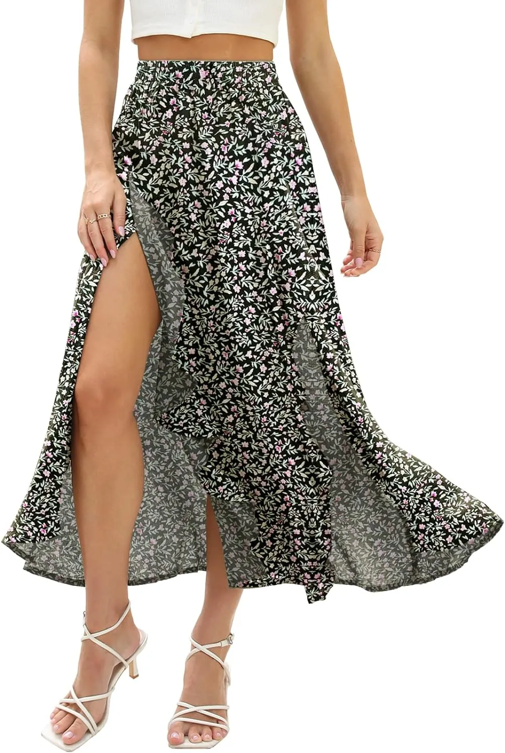 Floral Patterned Elastic High Waist Maxi Skirt