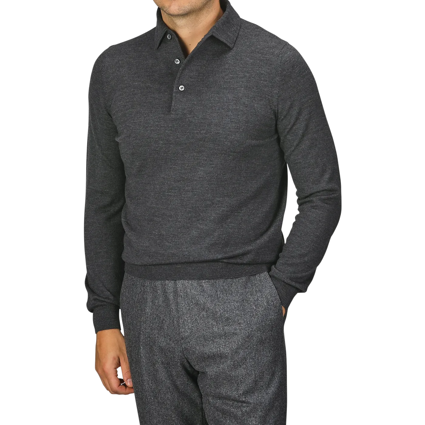 Grey Merino Wool One-Piece Collar Polo Shirt