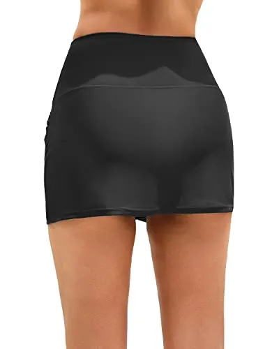 High Waisted Swim Skirt For Women With Shirring Bathing Suit Skirt-Black