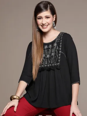 Ishin Women's Black Embroidered A-Line Top