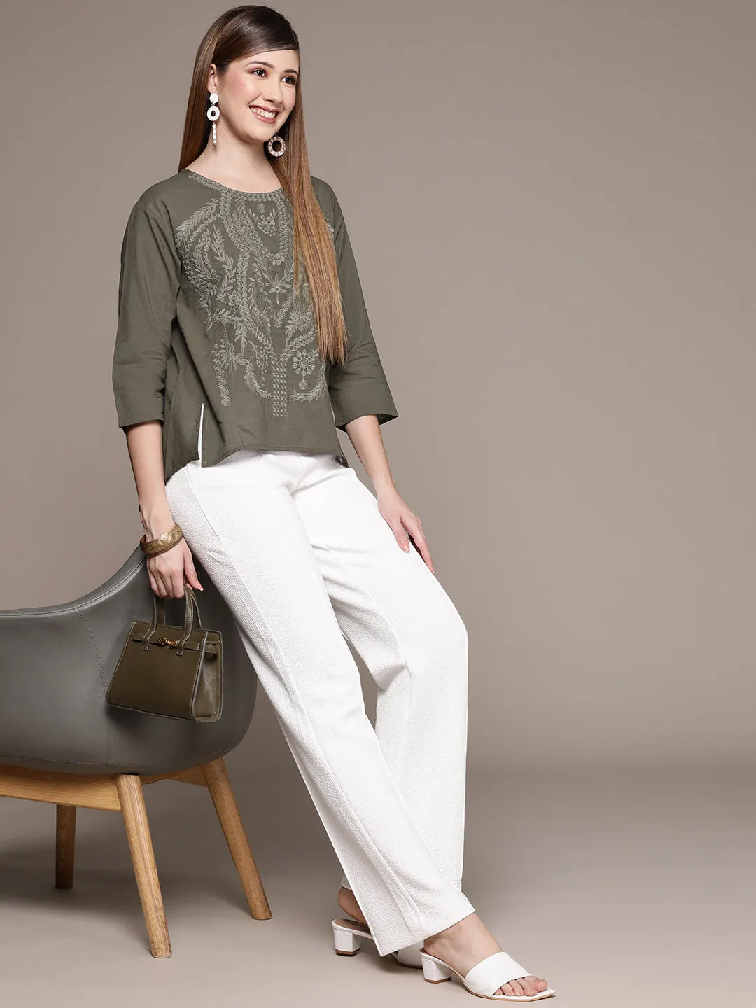 Ishin Women's Olive Embroidered High-Low Top