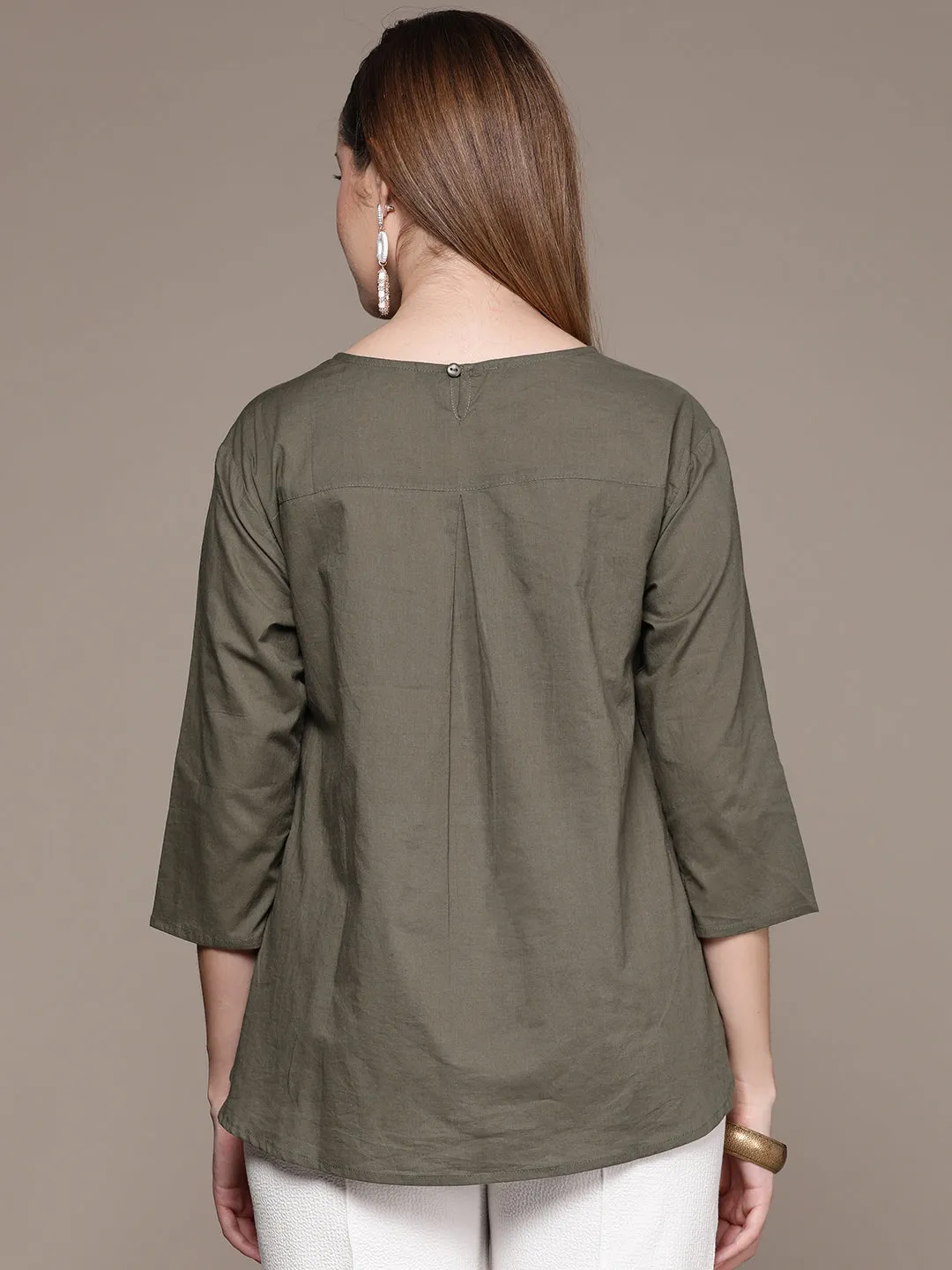 Ishin Women's Olive Embroidered High-Low Top