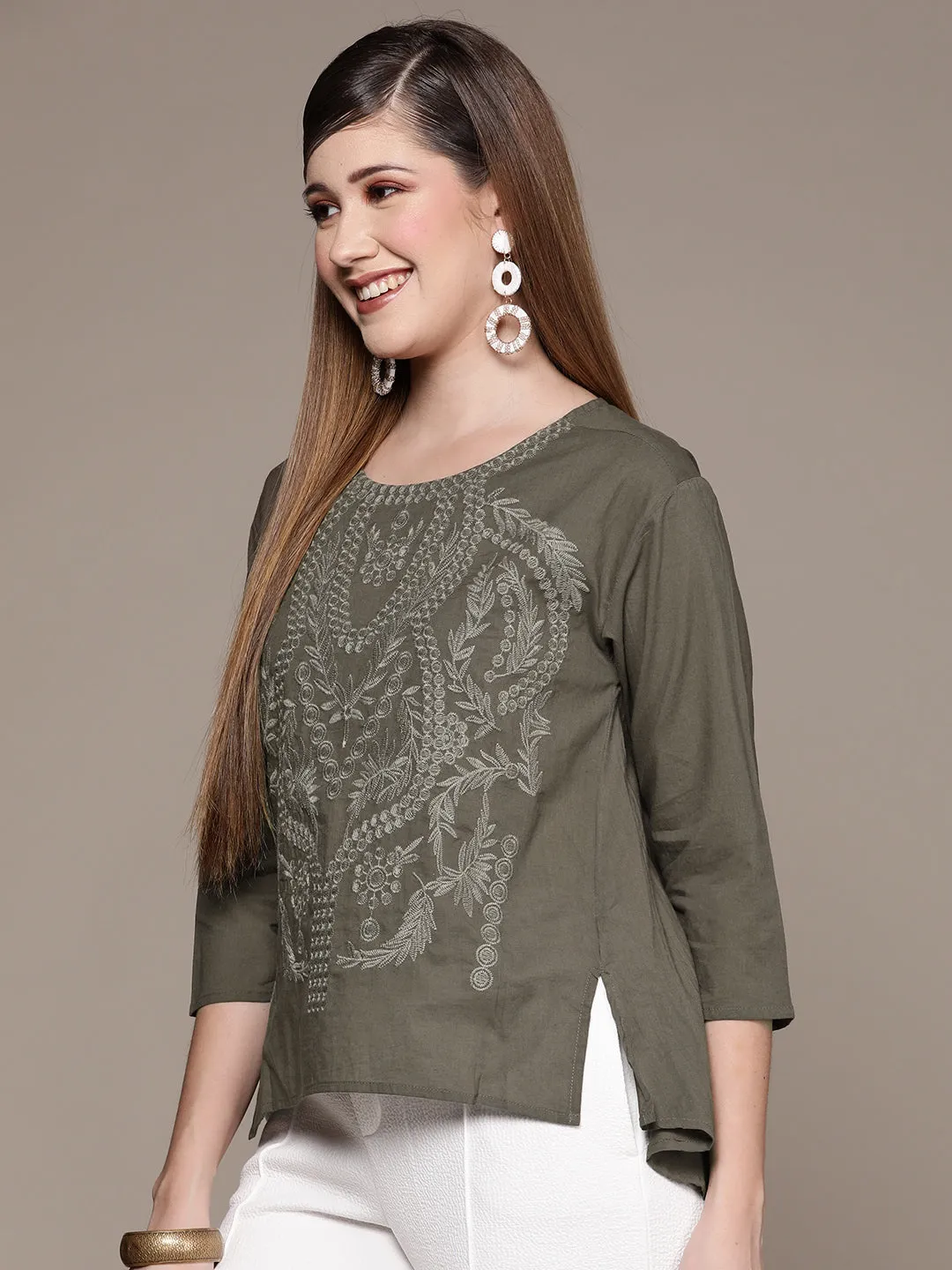 Ishin Women's Olive Embroidered High-Low Top
